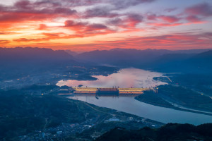 China Yichang Three Gorges Dam aerial view sunset over Yangtze River
