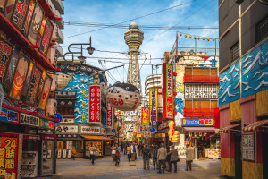 Osaka Japan street view of Shinsekai and Tsutenkaku tower AdobeStock 356329981 web