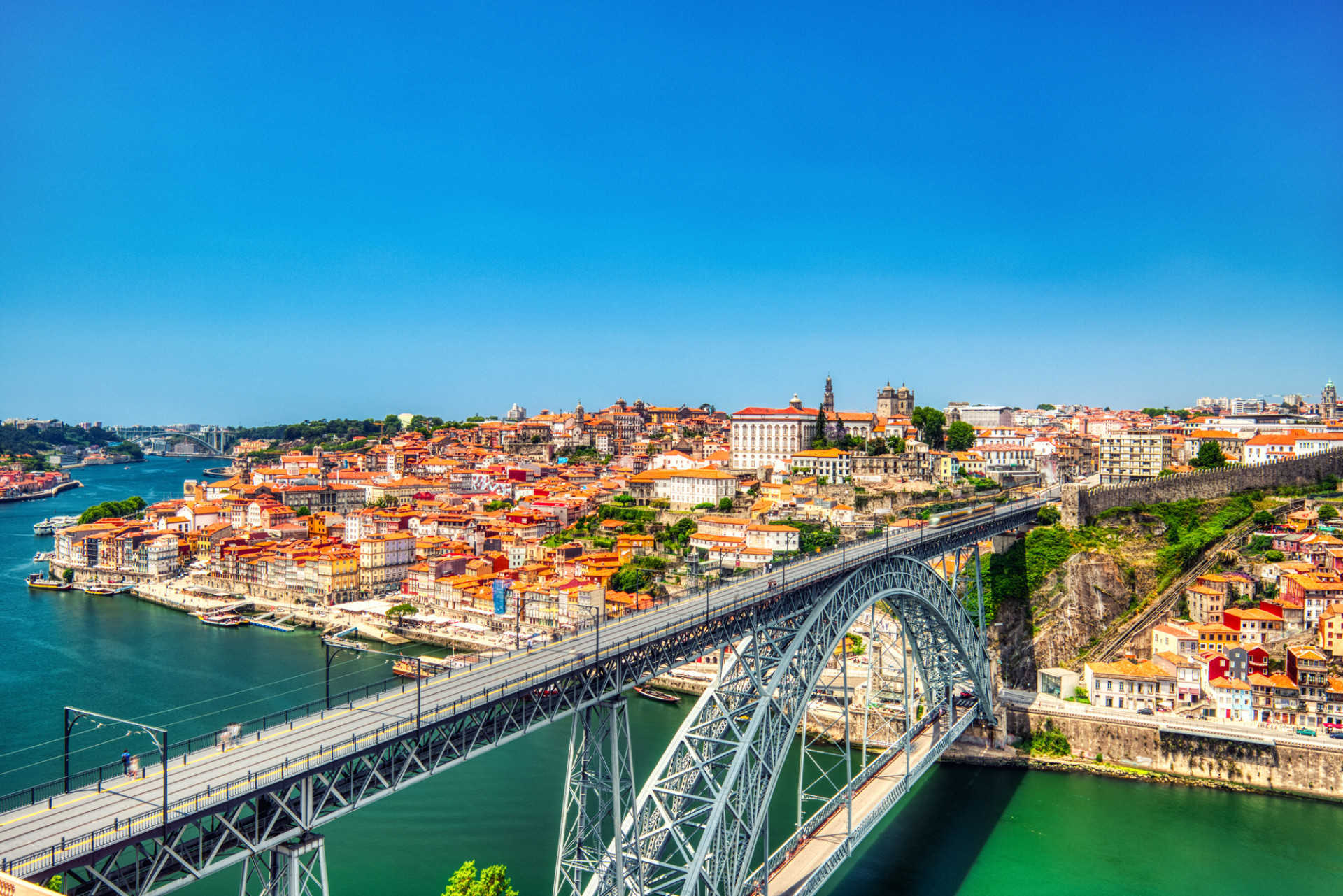 Porto aerial views of cityscape with Luis I Bridge and Douro River