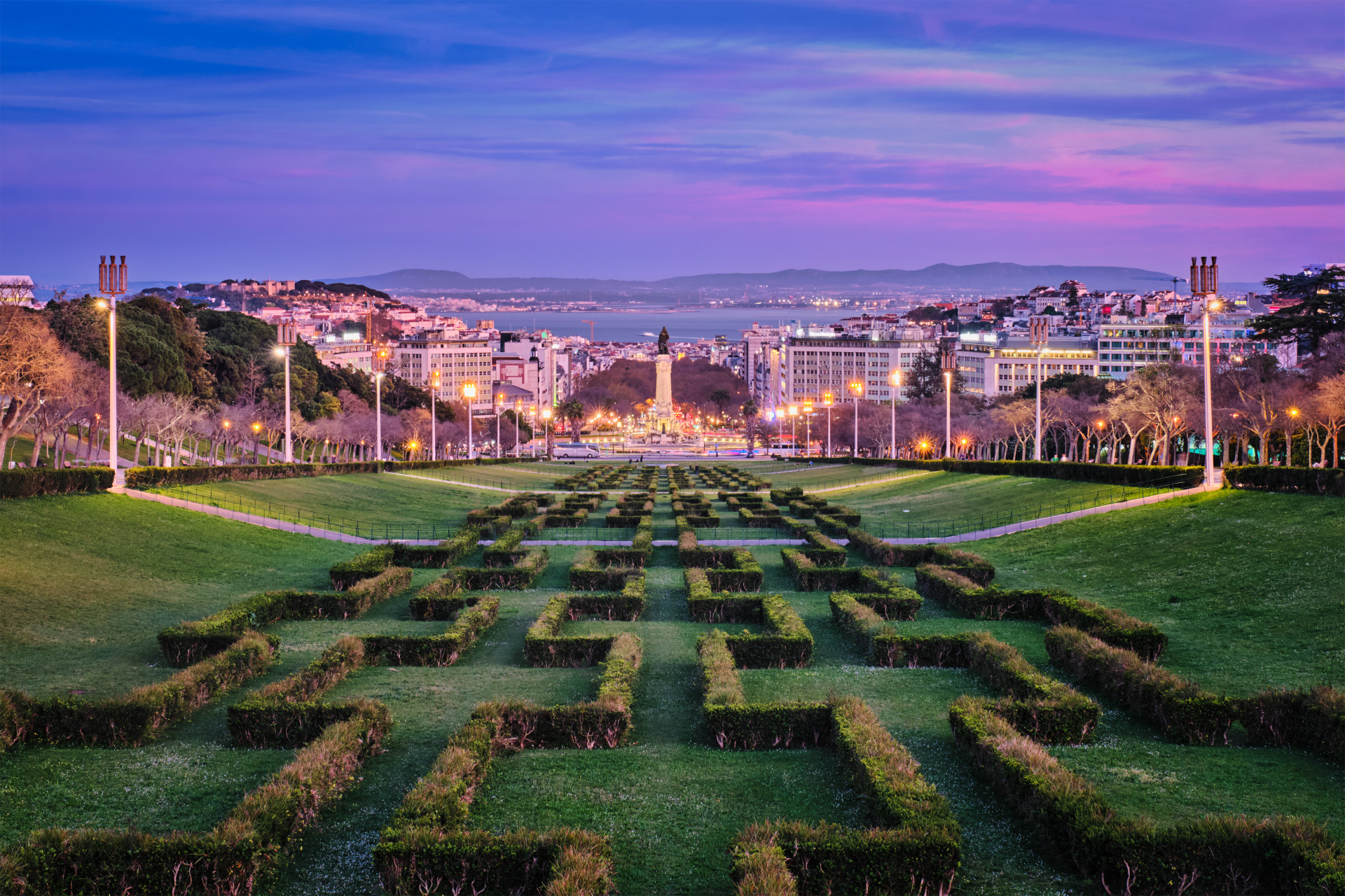 View of Lisbon's Marques de Pombal Square from Eduardo VII Park