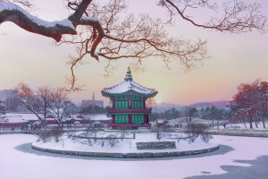 Gyeongbokgung Palace in winter Hyangwonjeong Pavilion Seoul South Korea AdobeStock 292561059 web